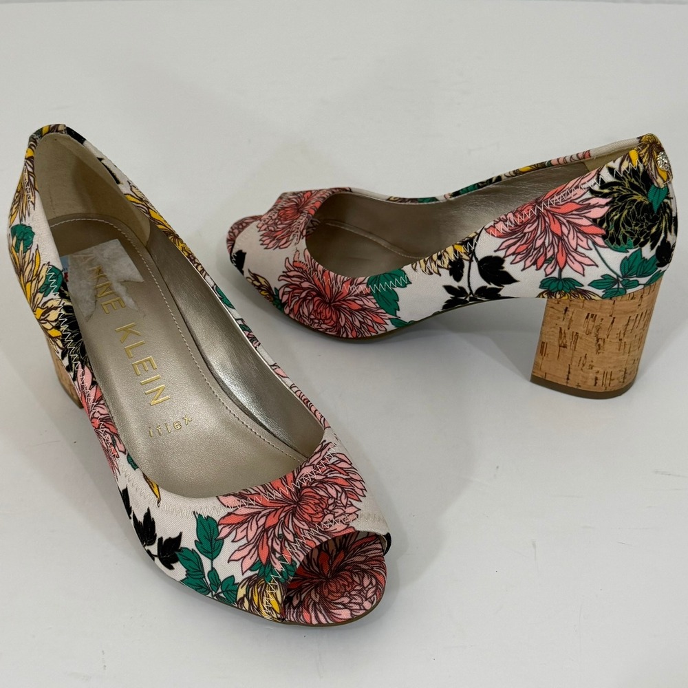 Anne Klein Meredith Pumps 7.5M Floral Peep Toe Cork Block Heel iFlex Comfort